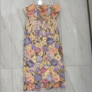 Strapless Floral Embroidered Midi Dress in Peach